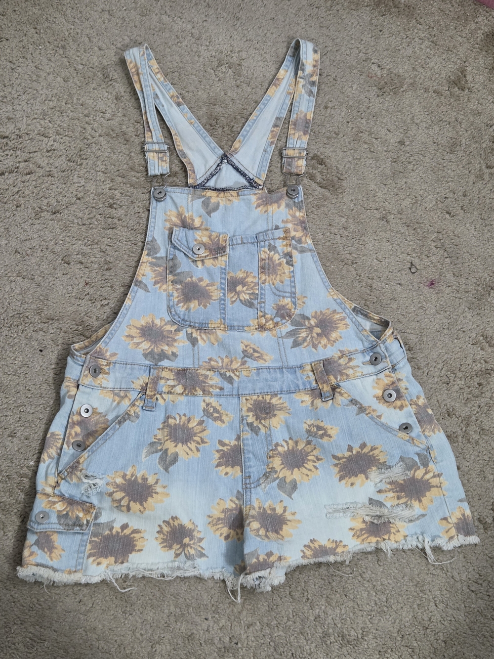 No Boundaries Light Blue Denim Overalls with Yellow Floral Print